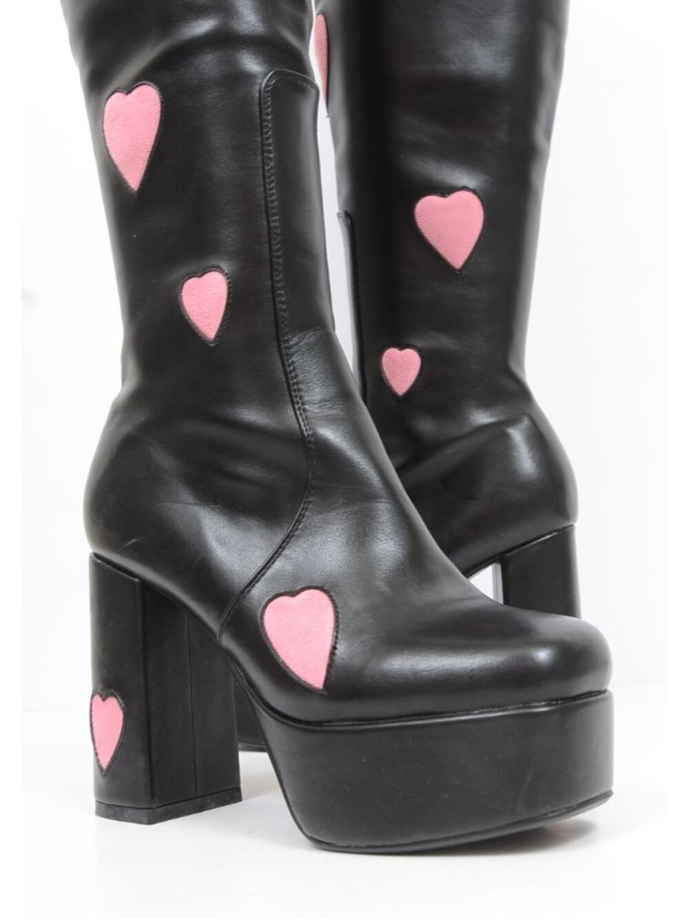 Lamoda Black Knee High Pink Heart Platform Boots Size UK 4 US 6 Vegan Leather - Picture 4 of 9